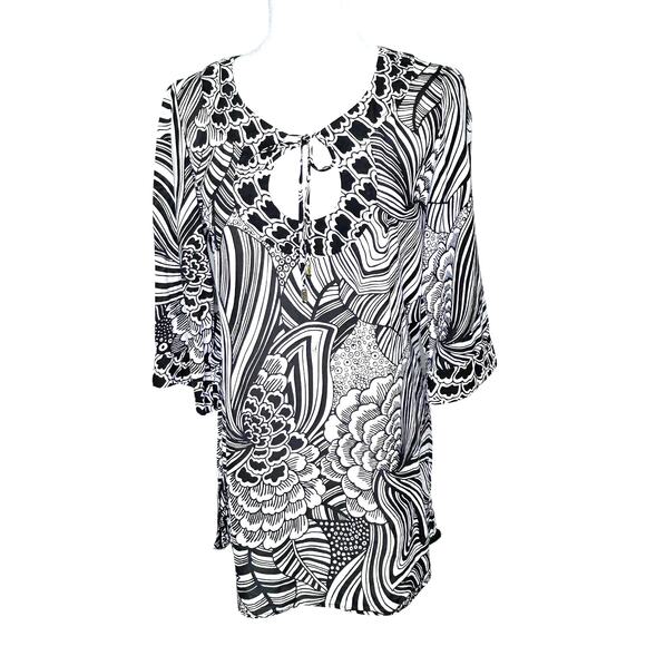 Trina Turk Black White Floral Cotton Silk Tunic Swim Cover Up Mini Dress Medium - Picture 1 of 7